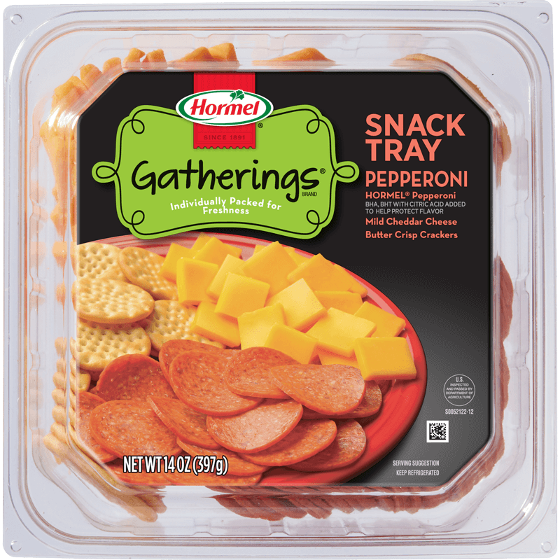 HORMEL GATHERINGS Snack Tray PEPPERONI AND MILD CHEDDAR WITH BUTTER CRISP CRACKERS