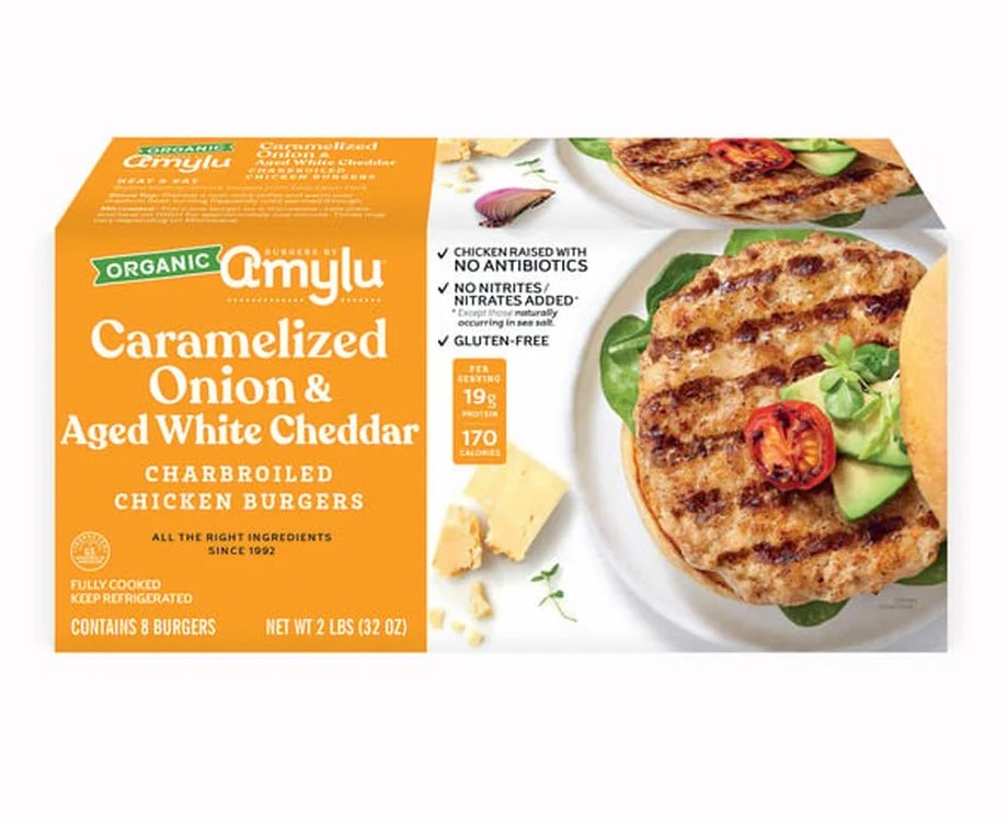 Amylu Chicken Burgers, Charbroiled, Organic, Caramelized Onion & Aged White Cheddar - 8 Ea