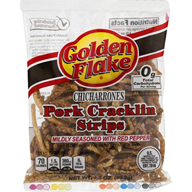 Golden Flake Fried Pork Cracklin Strips Mildly Seasoned with Red Pepper- 3.25