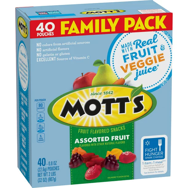 Mott's Fruit Flavored Snacks, Assorted Fruit, Pouches, 40 ct
